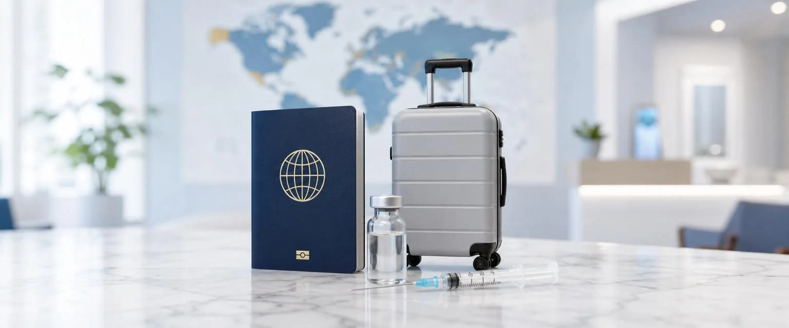 Itens de viagem e saúde: avião, mala, passaporte e vacinas